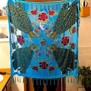 Large Vintage Turquoise Peacock and Rose Burnout Velvet Beaded Shawl